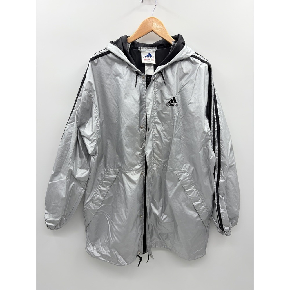 Vintage 1990s Adidas Mens Size Medium Silver Metallic Hooded‎ Zippered Jacket